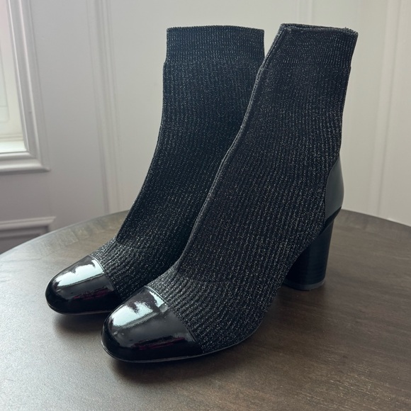 Sandro Shoes - Sandro Captoe Glitter Black Patent Leather Sock Booties - Size 39 - NWOT